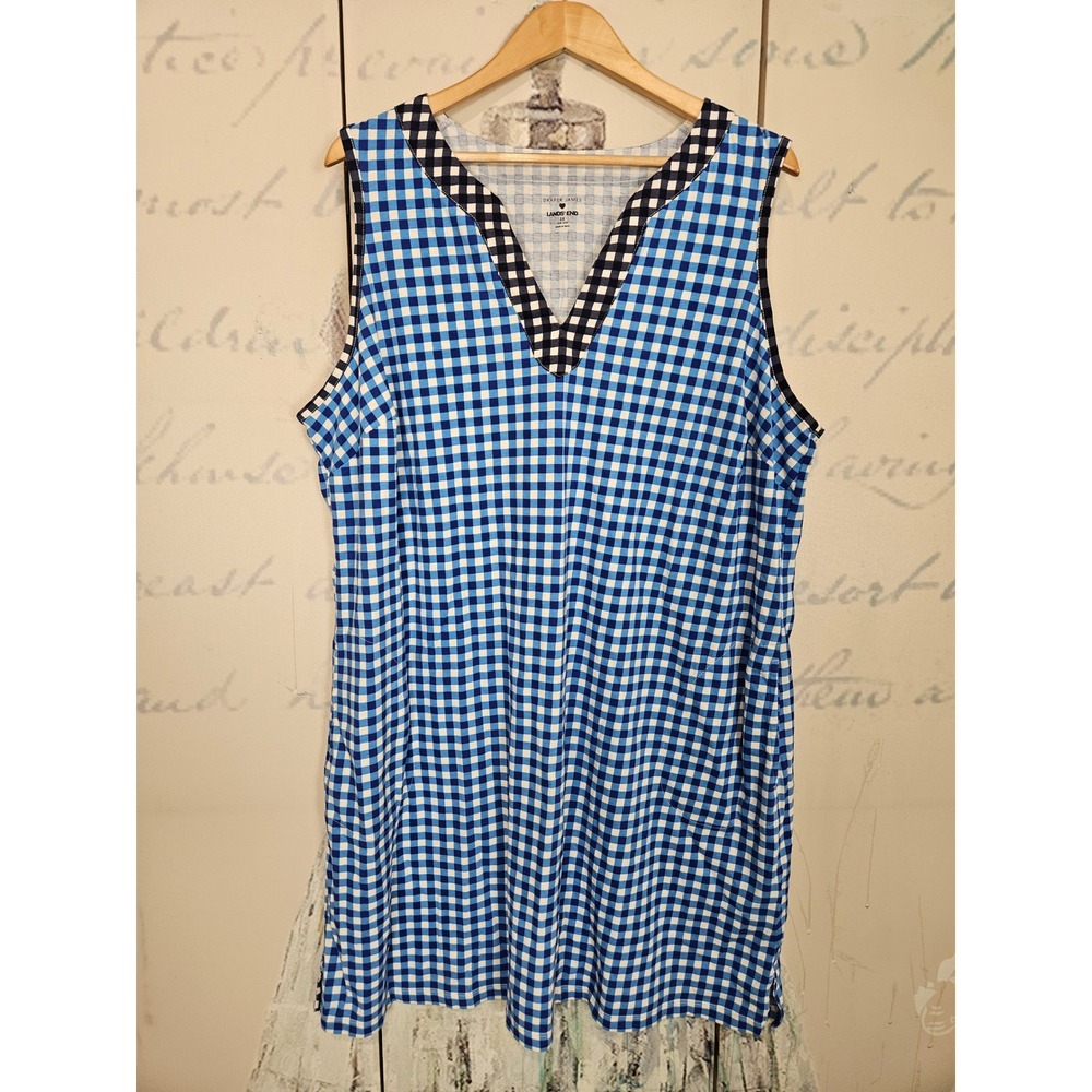 Draper James Lands End Shift Dress 2X Blue Gingham V-Neck Cotton Pockets Classic